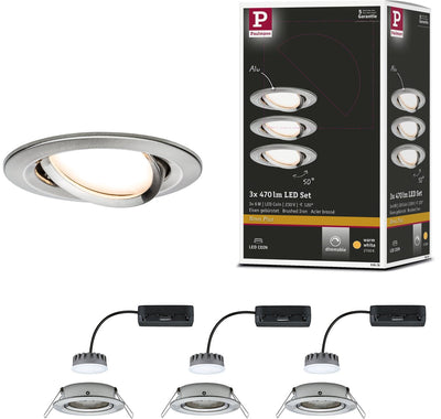 Paulmann lampe encastrable LED nova plus coin base set orientable rond 84 mm 50° coin 3x6w 3x470lm 230v dimmable 2700k acier brossé