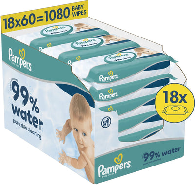 Lingettes bébé Pampers 99% d'eau - 18 paquets de 60 lingettes = 1080 lingettes bébé