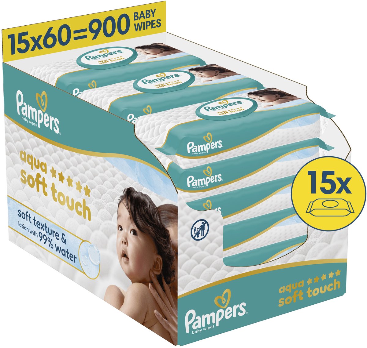 Lingettes bébé Pampers aqua soft touch, 15 paquets de 60 lingettes = 900 lingettes