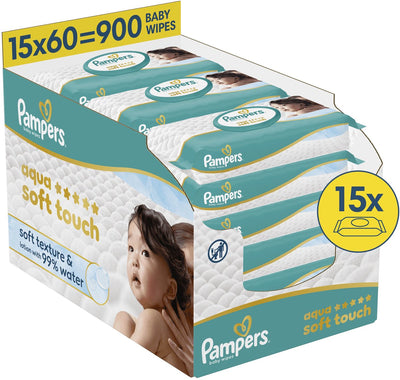Lingettes bébé Pampers aqua soft touch, 15 paquets de 60 lingettes = 900 lingettes