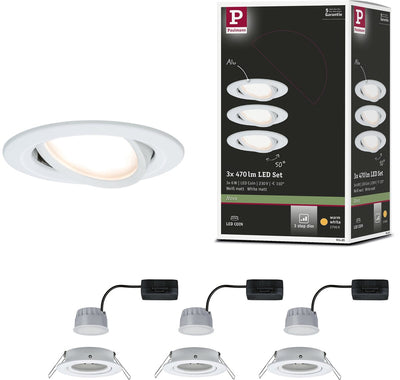 Paulmann lampe à encastrer LED 3 niveaux nova coin set de base orientable rond 84 mm 50° coin 3x6w 3x470lm 230v dimmable 2700k blanc mat