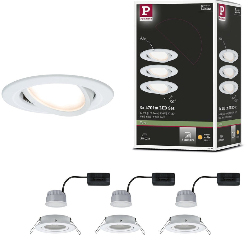 Paulmann lampe à encastrer LED 3 niveaux nova coin set de base orientable rond 84 mm 50° coin 3x6w 3x470lm 230v dimmable 2700k blanc mat
