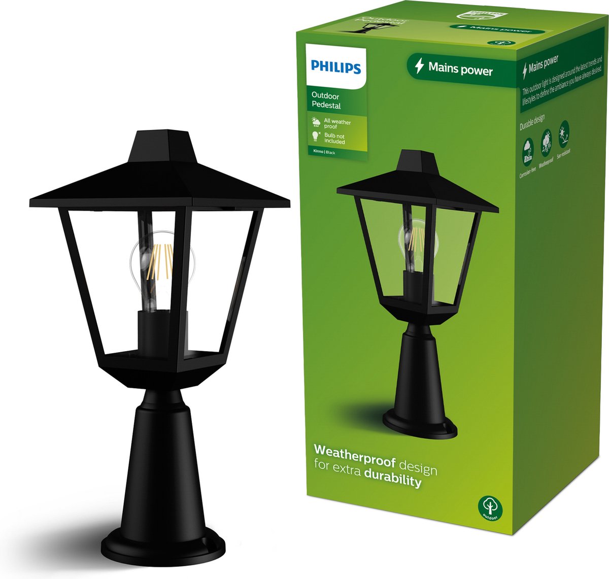 Lampe sur pied Philips LED Philips Kinno - lampe d'extérieur - noir - culot E27 - maximum 25W - résistant aux intempéries ; ip44