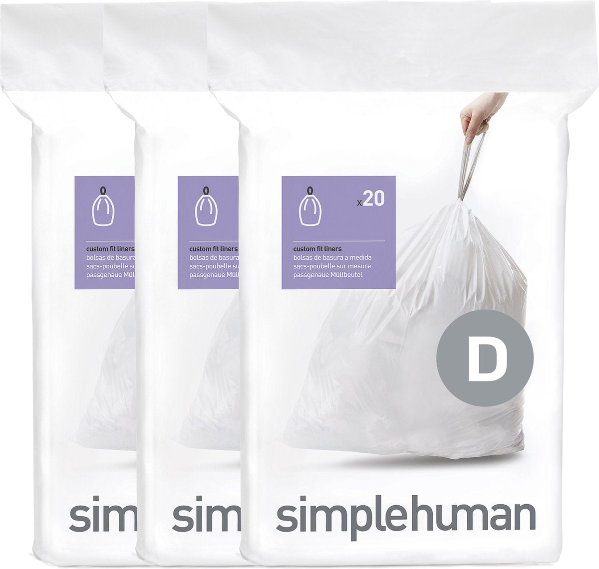 Sacs poubelle Simplehuman code d - 20 litres - 60 pièces - avec cordon de serrage - blanc