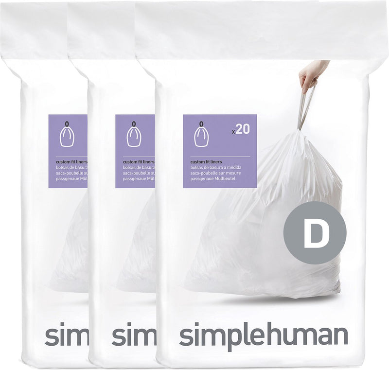 Sacs poubelle Simplehuman code d - 20 litres - 60 pièces - avec cordon de serrage - blanc