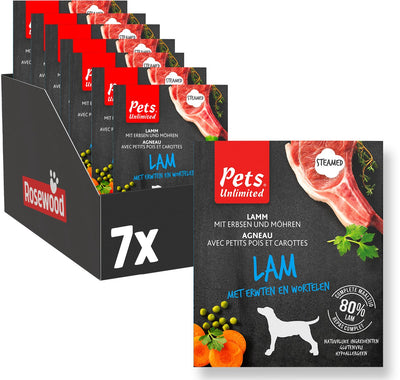 Rosewood pets unlimited - nourriture humide pour chiens - agneau - repas cuit à la vapeur - 7 contenants x 395g