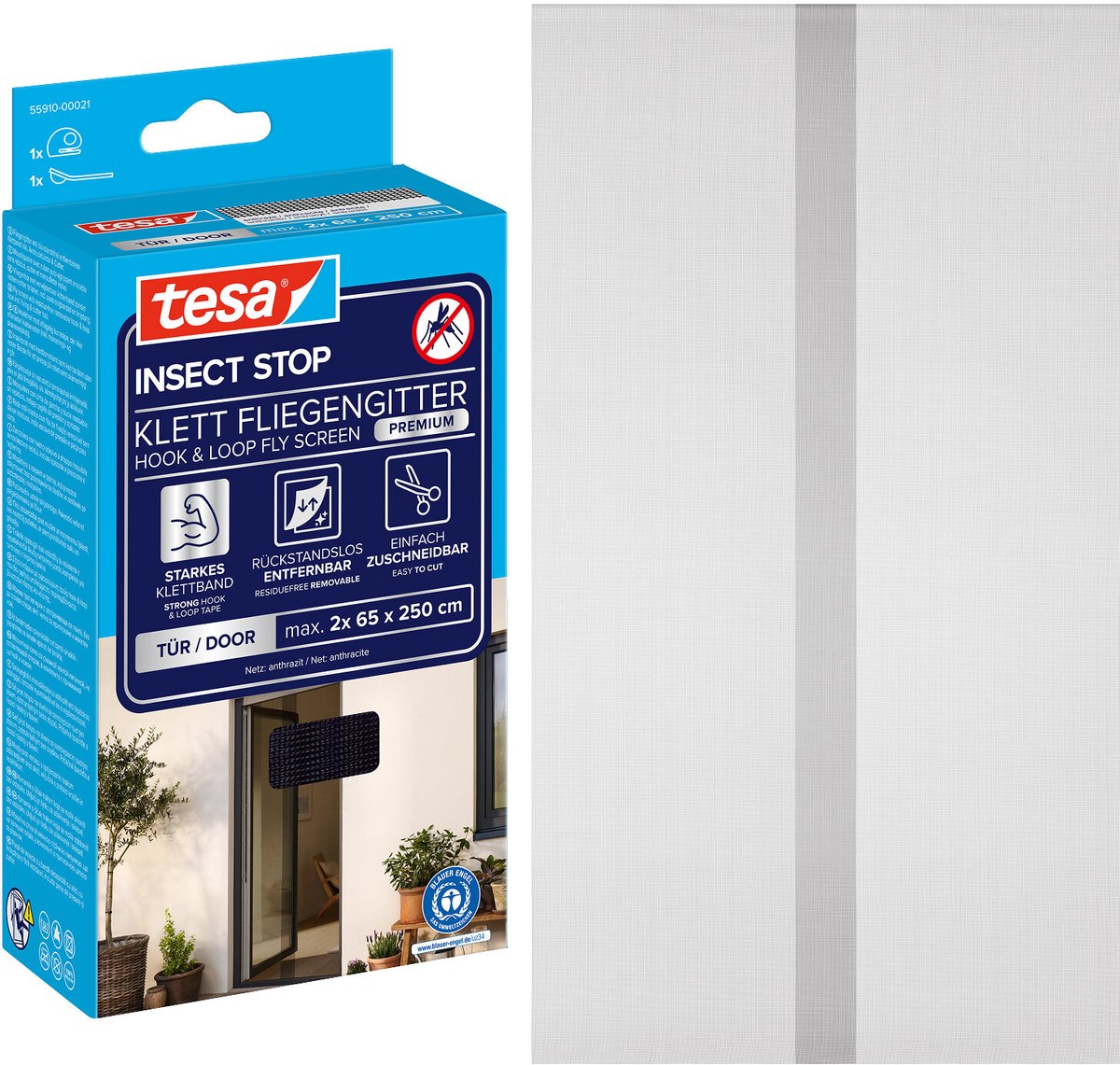 Tesa Insect Stop H L Moustiquaire Premium pour Portes - Moustiquaire pour Porte avec Velcro, Amovible, Anthracite - 120 x 250 cm