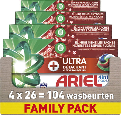 Dosettes lessive Ariel 4en1 + ultra détachant - 4 x 26 lavages
