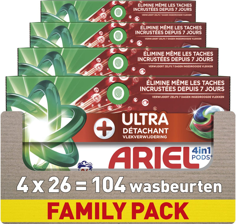 Dosettes lessive Ariel 4en1 + ultra détachant - 4 x 26 lavages