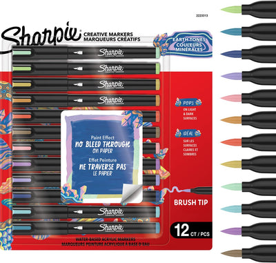 Stylos à peinture acrylique marqueur créatif Sharpie | marqueurs à peinture à l'eau | l'encre non continue écrit sur la plupart des surfaces | pointe du pinceau | fournitures d'artisanat et d'art | tons chauds | 12 pièces