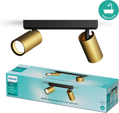Philips LED Philips Idris spot - spot de plafond - résistant aux éclaboussures IP44 - 5W - noir avec or - lampe de salle de bain - deux points lumineux - convient uniquement aux spots LED