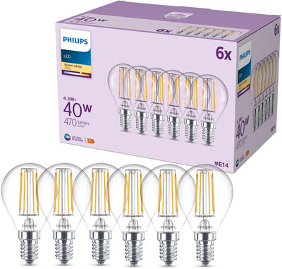 Lampe LED Philips transparente - 40w - culot E14 - lumière blanc chaud ; 2700k - paquet de 6
