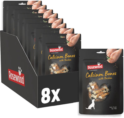 Os de poulet au calcium au bois de rose - Snack pour chien avec supplément de calcium - avec cuir brut de poulet - sans céréales - 8 sachets de 100g