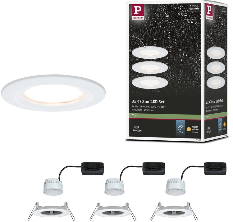 Paulmann lampe à encastrer LED nova coin basic set star ip44 rond 78 mm coin 3x6w 3x470lm 230v 2700k blanc mat