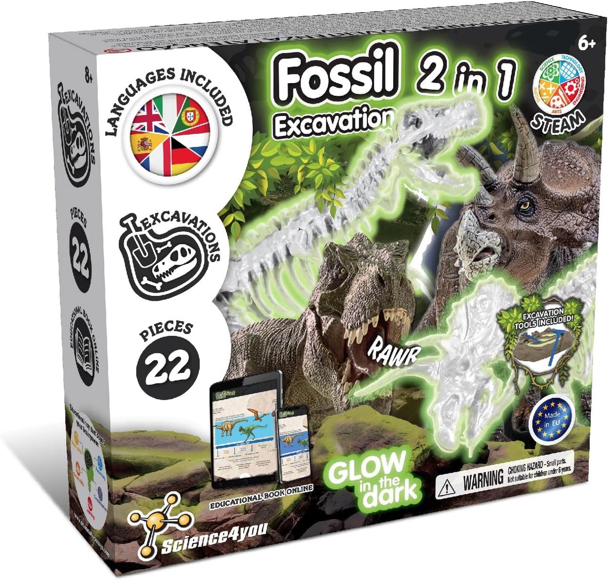 Science 4 you science4you dino fossil 2-en-1 – kit de fouille avec des squelettes qui brillent dans le noir – construisez 2 fossiles de dinosaures – jouets éducatifs à partir de 6 ans