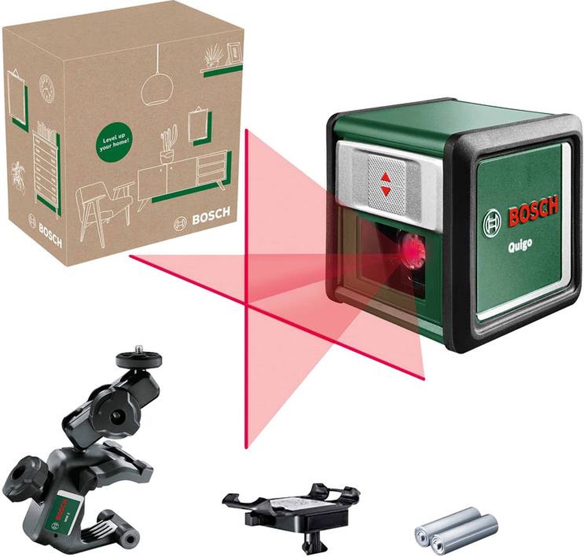 Laser croisé Bosch Quigo lli (alcalin (2x lr03 aaa), pince universelle mm 2 et plaque d'adaptation)