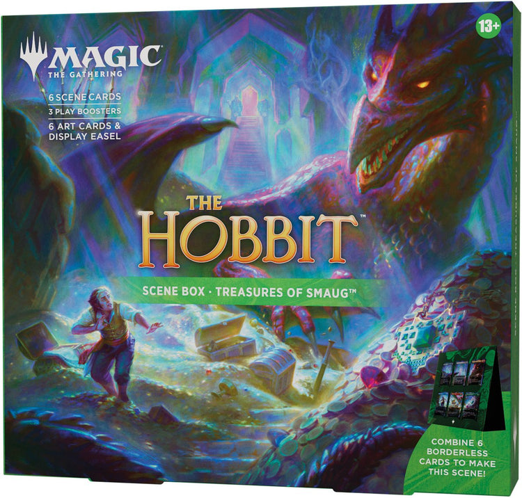 Magie le rassemblement magie : le rassemblement | la boîte de scène du Hobbit - trésors de smaug| 6 cartes de scène sans bordure en aluminium, 6 cartes artistiques, 3 boosters de jeu + chevalet de présentation