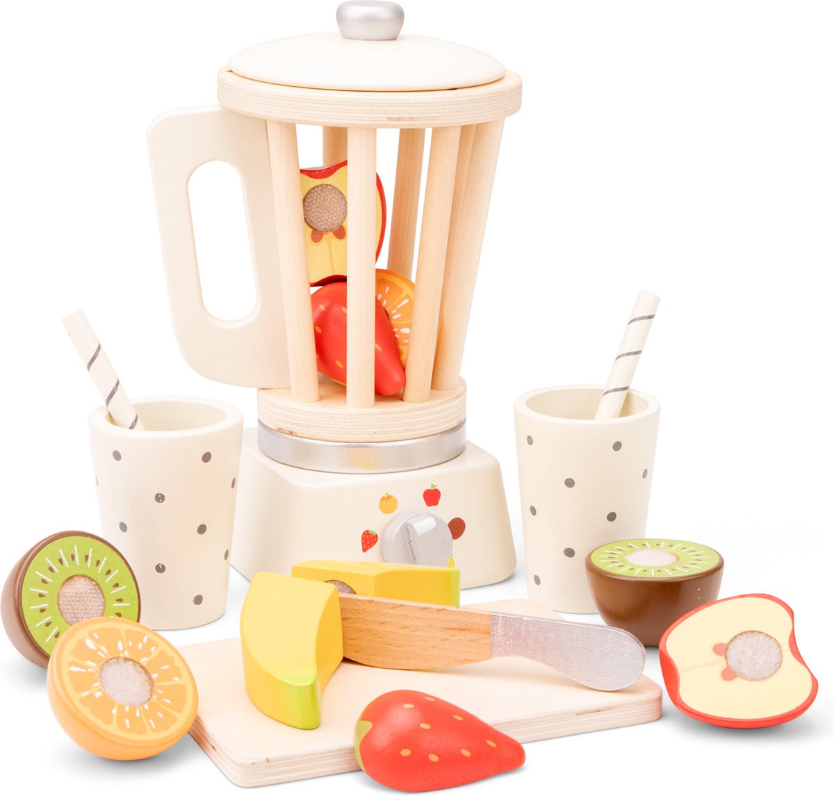 Nouveau coffret de jeu machine à smoothie en bois Classic Toys® - comprenant 5 morceaux de fruits, une planche à découper et 2 tasses - robot culinaire jouet pour enfants - jouets de cuisine de jeu de rôle - à partir de 3 ans