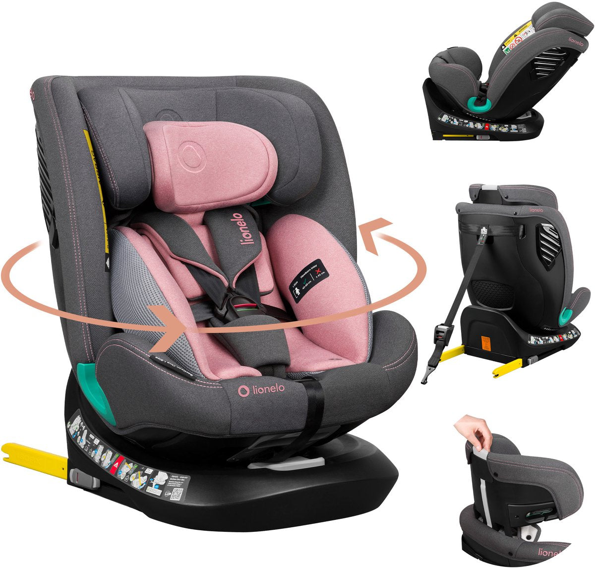 Siège auto Lionelo Bastiaan One i‑size – attache supérieure ISOFIX 4 en 1 – vers l'arrière – base pivotante à 360° – appui-tête réglable en mousse à mémoire de forme – 40–150 cm – utilisation longue durée haut niveau de sécurité
