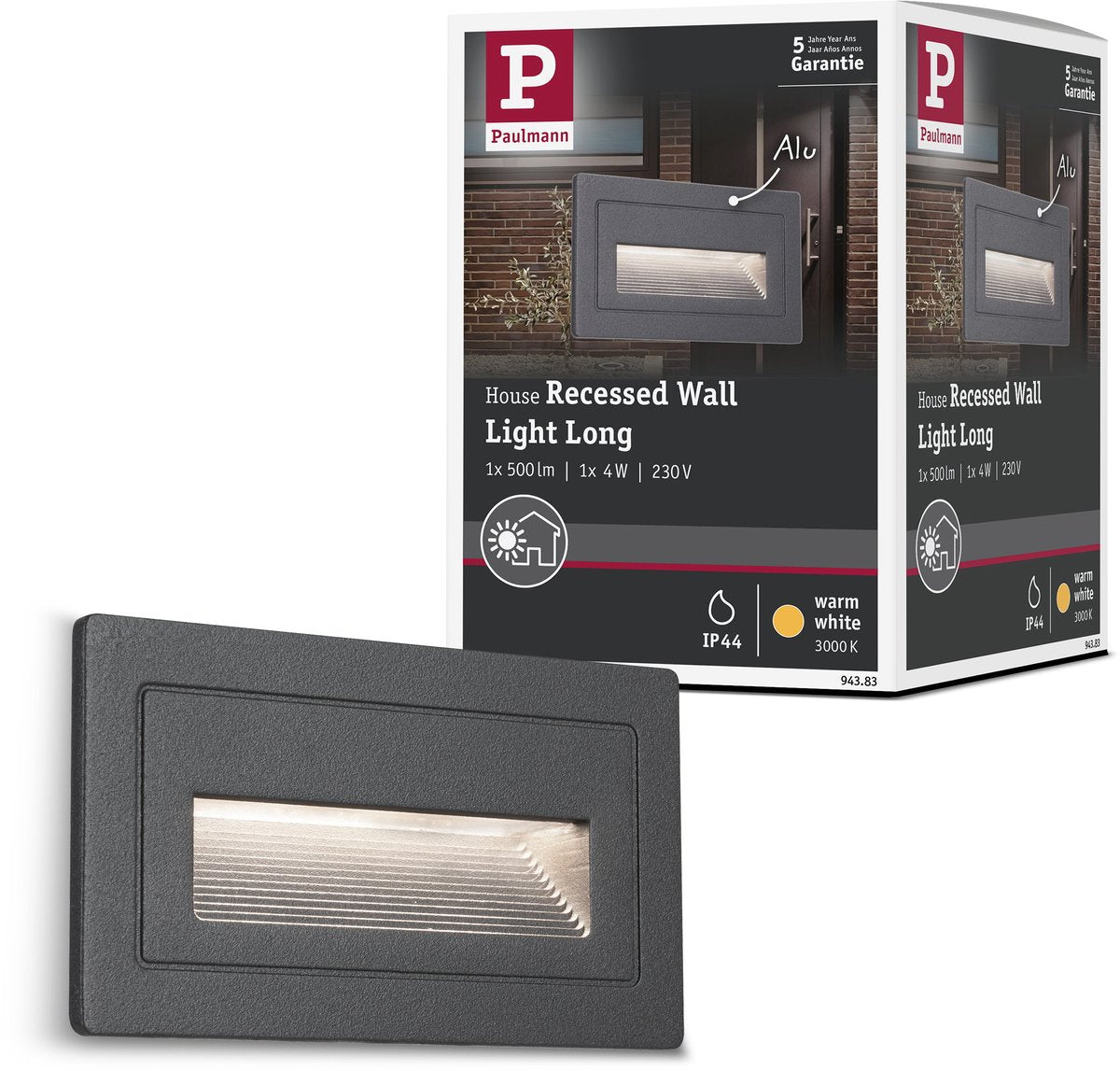 Paulmann applique murale extérieure LED longue ip44 angulaire 103x62 mm 3000k 4w 30lm 230v aluminium noir