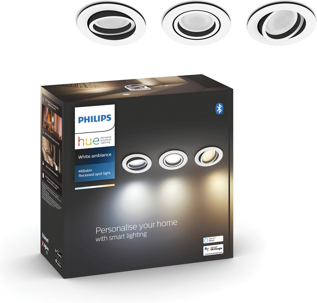 Spot encastrable Philips Hue Milliskin - lumière blanche chaude à froide - pack de 3 - aluminium - rond - gu10
