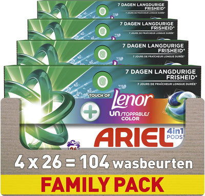 Dosettes de lessive Ariel 4en1 +touche de couleur Lenor Unstoppables - 4 x 26 lavages