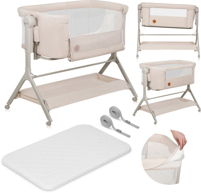 Lionelo Leonie Plus - lit bébé et lit bébé cododo 3 en 1 - lit bébé jusqu'à 9 kg - réglage en hauteur sur 6 niveaux - fonction bascule - matelas T25 - panier de rangement - roulettes - housses amovibles