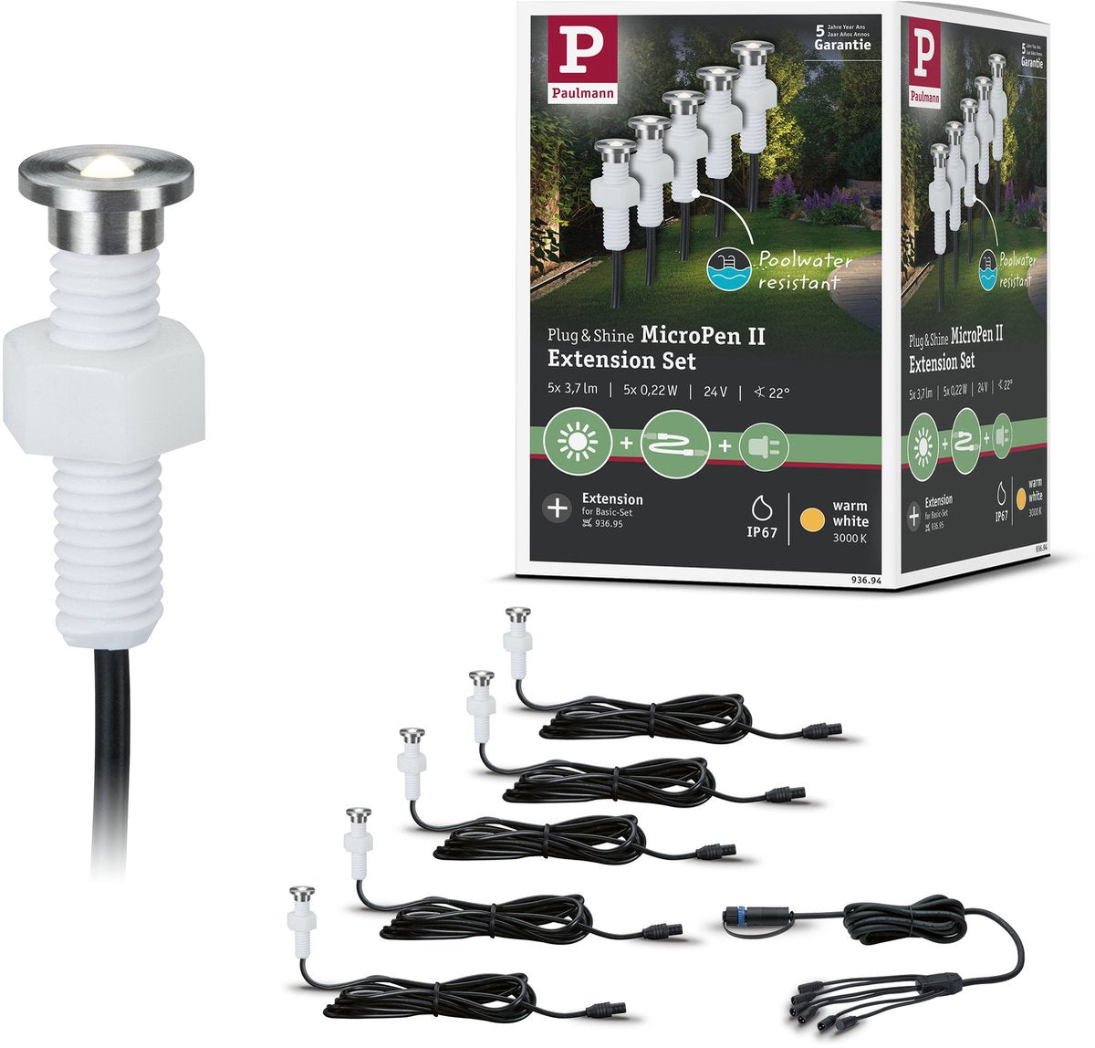 Paulmann Plug Shine LED Lampe encastrable au sol Micropen II Kit d'extension IP67 3000K 5x0,2W Argent