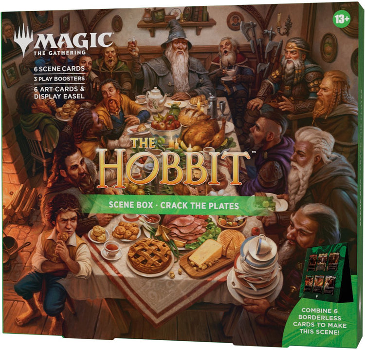 Magie le rassemblement magie : le rassemblement | la boîte de scène du Hobbit - casser les assiettes | 6 cartes de scène sans bordure en aluminium, 6 cartes artistiques, 3 boosters de jeu + chevalet de présentation