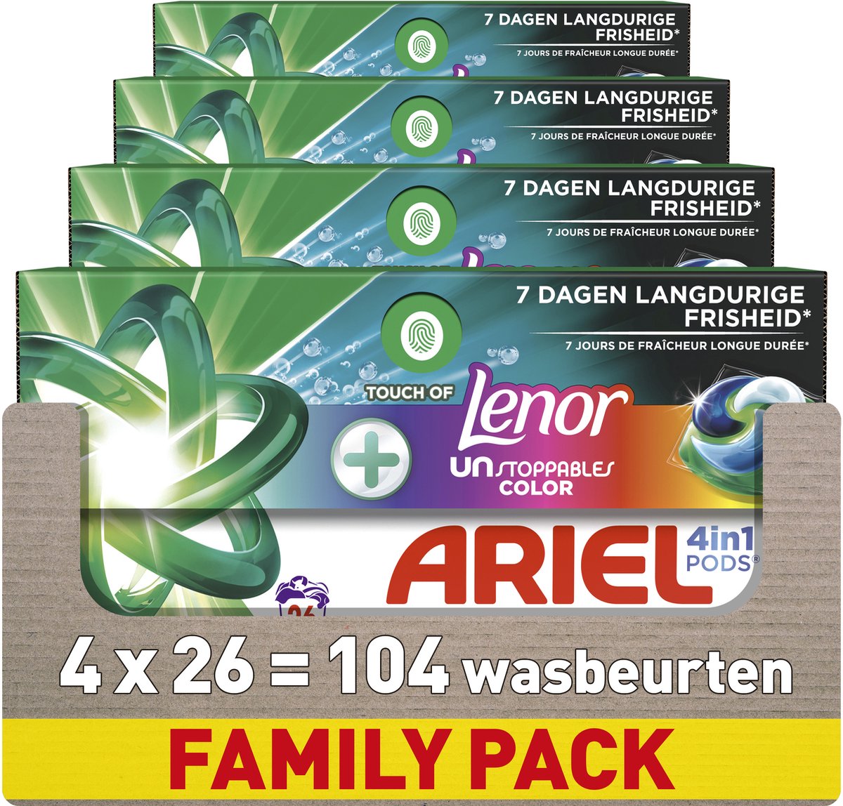 Dosettes de lessive Ariel 4en1 +touche de couleur Lenor Unstoppables - 4 x 26 lavages