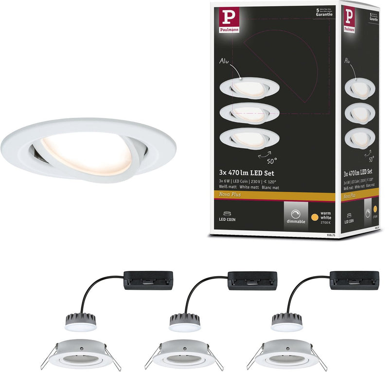 Paulmann lampe à encastrer LED nova plus coin base set orientable rond 84 mm 50° coin 3x6w 3x470lm 230v dimmable 2700k blanc mat
