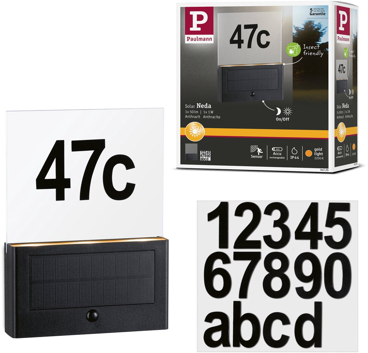 Paulmann éclairage solaire LED pour numéro de maison Neda détecteur de mouvement respectueux des insectes IP44 2200K 18LM anthracite