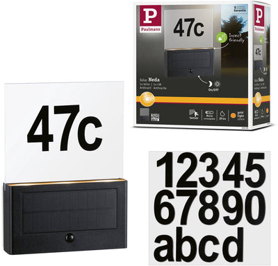 Paulmann éclairage solaire LED pour numéro de maison Neda détecteur de mouvement respectueux des insectes IP44 2200K 18LM anthracite