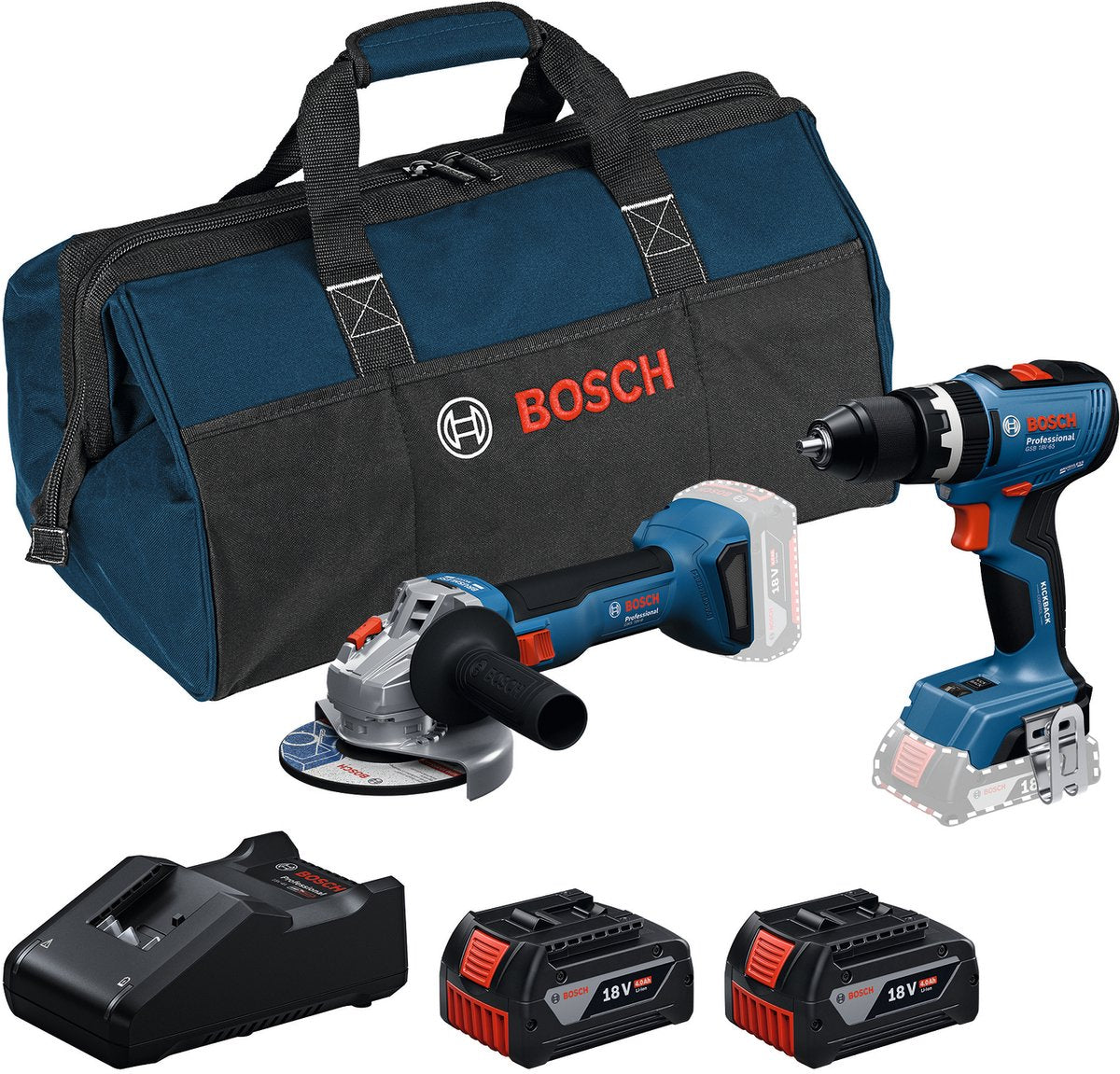 Boîte à outils professionnelle Bosch 18v - combiset - gws 18v-8 + gsb 18v-65 + 2x gba 18v 4.0 ah + gal 18v-40 lader
