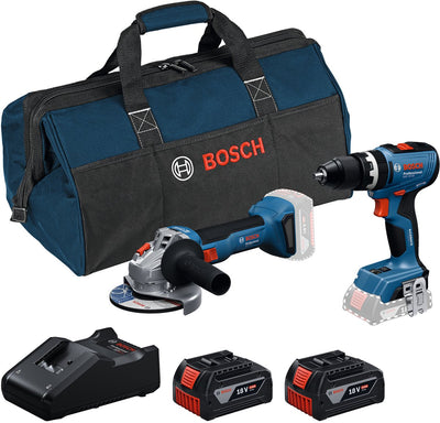 Boîte à outils professionnelle Bosch 18v - combiset - gws 18v-8 + gsb 18v-65 + 2x gba 18v 4.0 ah + gal 18v-40 lader