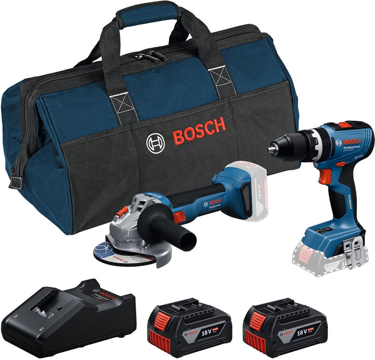 Boîte à outils professionnelle Bosch 18v - combiset - gws 18v-8 + gsb 18v-65 + 2x gba 18v 4.0 ah + gal 18v-40 lader