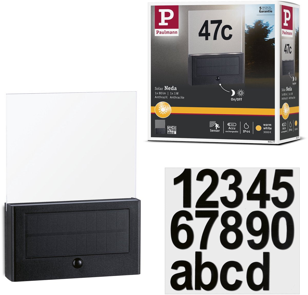 Paulmann éclairage solaire LED pour numéro de maison Neda détecteur de mouvement IP44 3000K 27LM anthracite