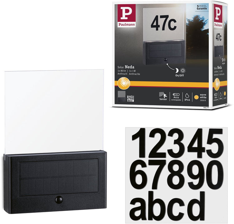 Paulmann éclairage solaire LED pour numéro de maison Neda détecteur de mouvement IP44 3000K 27LM anthracite