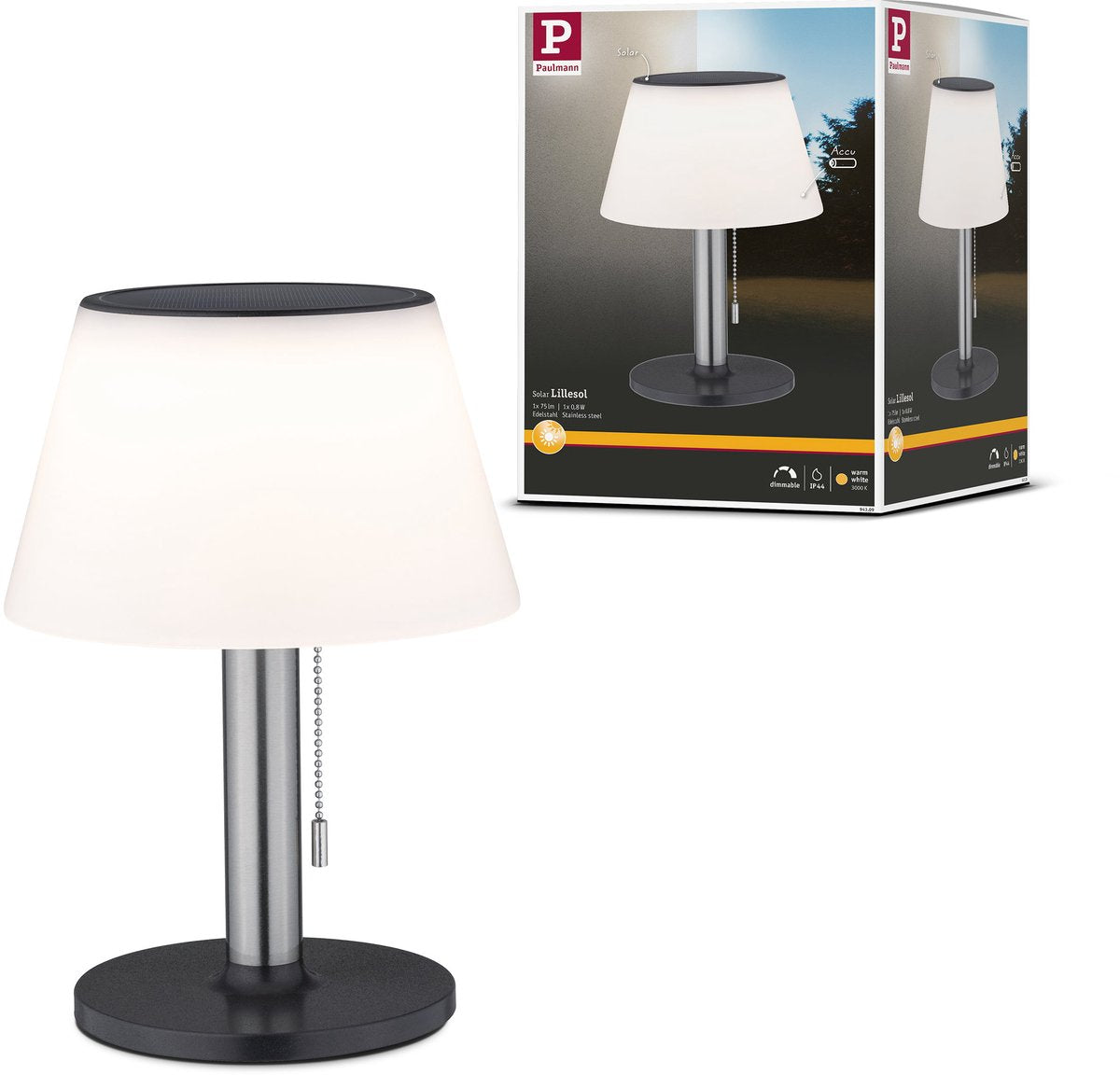Paulmann lampe de table LED solaire 3 niveaux dim lillesol ip44 3000k 45lm acier inoxydable