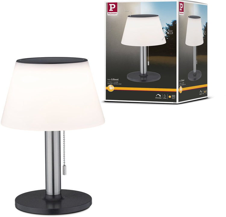 Paulmann lampe de table LED solaire 3 niveaux dim lillesol ip44 3000k 45lm acier inoxydable