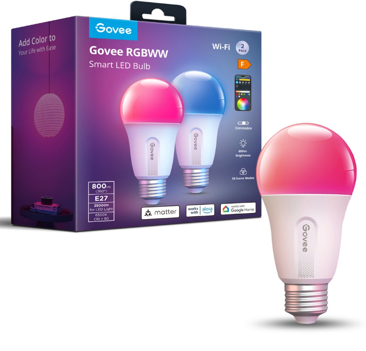 Lampe intelligente Govee e27 matière rgbww 6 cm - 800 lumens - paquet de 2