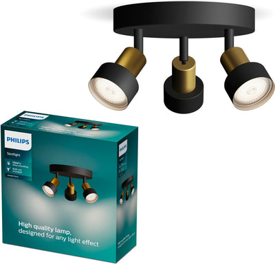 Philips LED Philips Conduit Spot - spot de plafond avec trois points lumineux - noir avec design doré - raccord LED Gu10 - plaque de base ronde