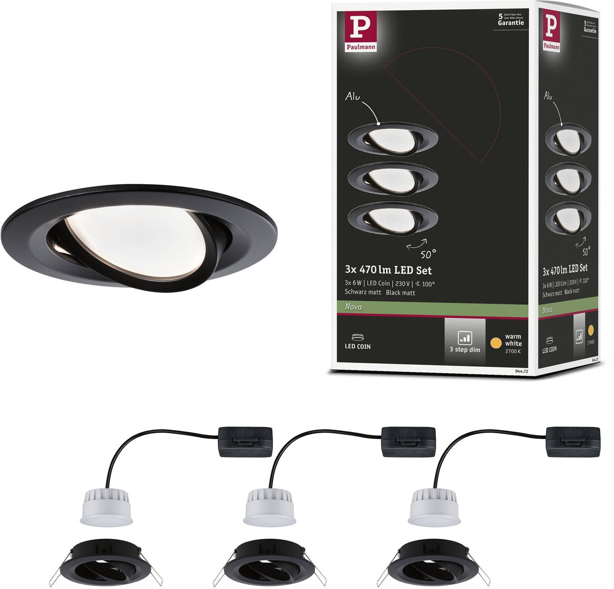 Paulmann lampe à encastrer LED nova coin orientable ronde 84 mm 50° coin 3x6w 3x470lm 230v dimmable 2700k noir mat