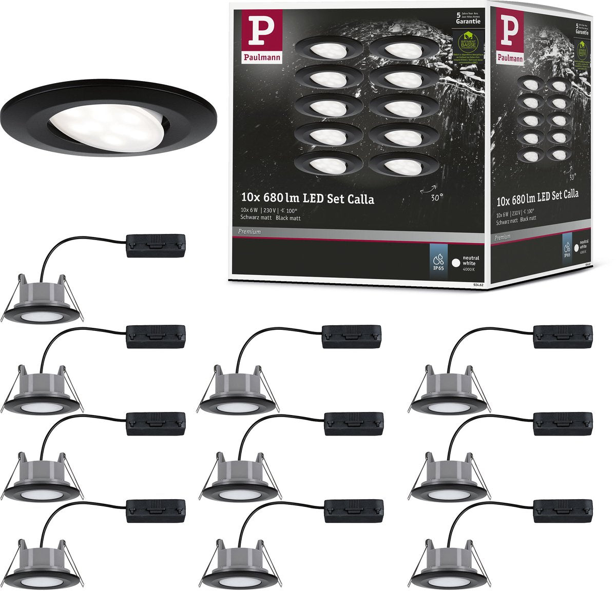 Paulmann led-inbouwlamp calla basicset zwenkbaar ip65 rond 90 mm 30° 10x6w 10x500lm 230v 4000k noir mat