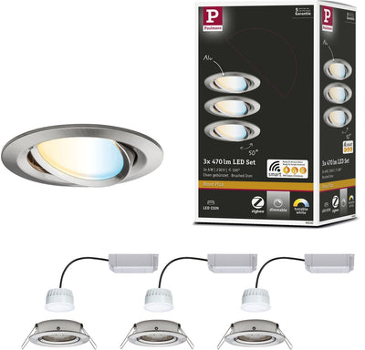 Paulmann Lampe encastrable LED Smart Home Zigbee 3.0 Nova Plus Coin Basic Set Pivotant Rond 84mm 50° Coin 3x6W 3x470lm 230V Dimmable Tunable Blanc Acier Brossé