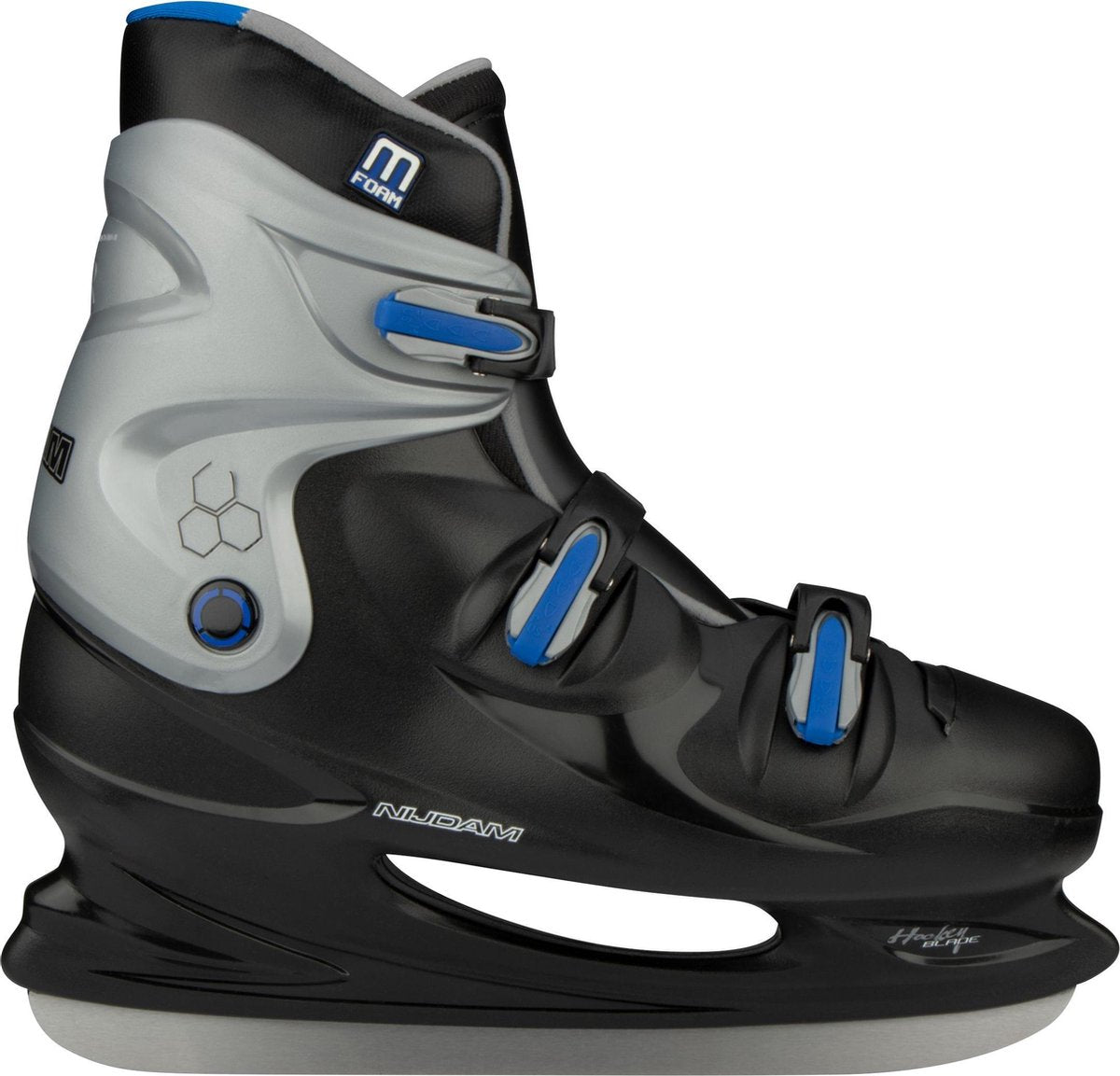 Patin de hockey sur glace Nijdam adultes - botte rigide - noir argent - taille 49
