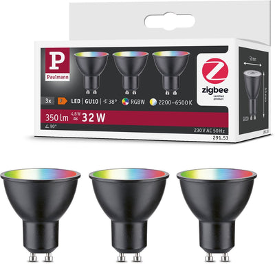 Paulmann Standard 230 V Smart Home ZigBee 3.0 Réflecteur LED Gu10 3x350LM 3x4,8W RGBW+ Intensité variable Noir Mat