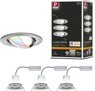 Paulmann Lampe encastrable LED Smart Home Zigbee 3.0 Nova Plus Coin Basic Set Pivotant Rond 84mm 50° Coin 3x5,2W 3x400lm 230V Dimmable RGBW+ Acier Brossé