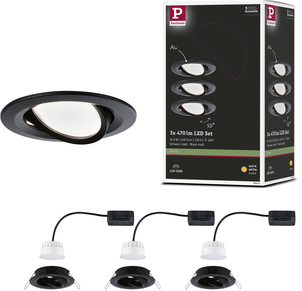 Paulmann lampe encastrable LED nova coin lot de 3 orientable rond 84 mm 50° coin 3x6w 3x470lm 230v 2700k noir mat