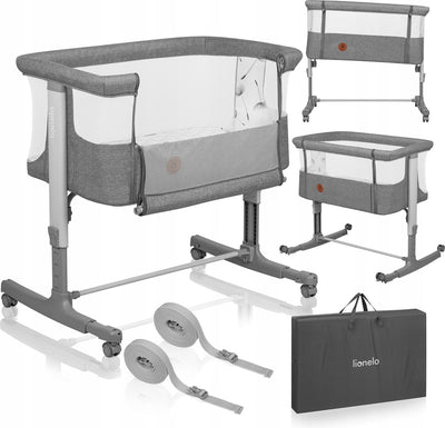 Cododo Lionelo Aurora 3en1 - lit bébé jusqu'à 9 kg - lit de croissance - 4 roues avec freins - lit de camping - hauteur réglable - maille respirante - avec sac de transport pour matelas - housse amovible